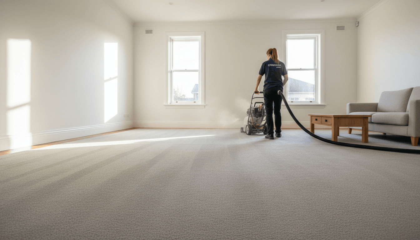 Professional cleaner using carpet cleaning machine in pristine, empty residential living room with bright natural light
