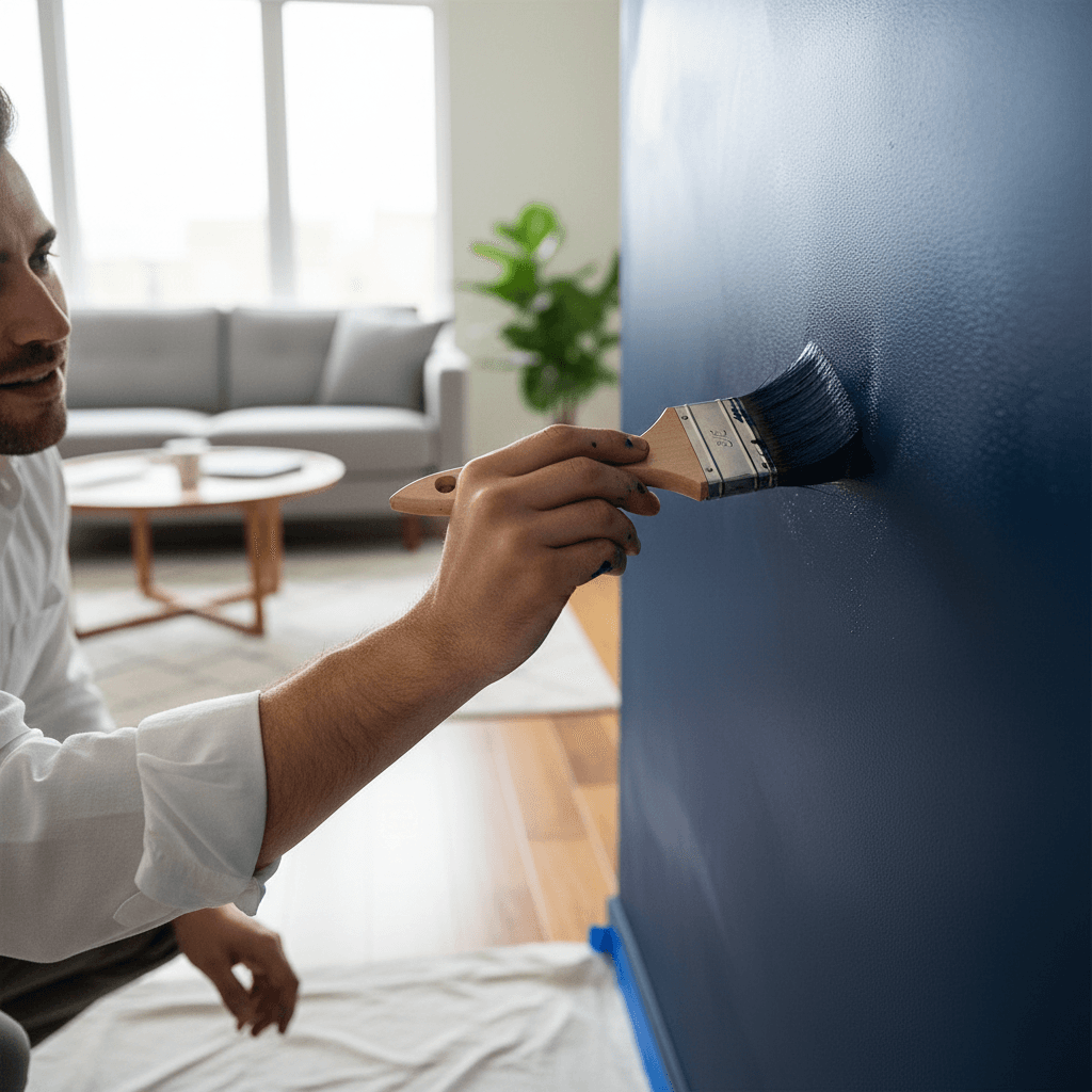 Professional painter's hands carefully applying navy blue paint to accent wall with precision brushwork